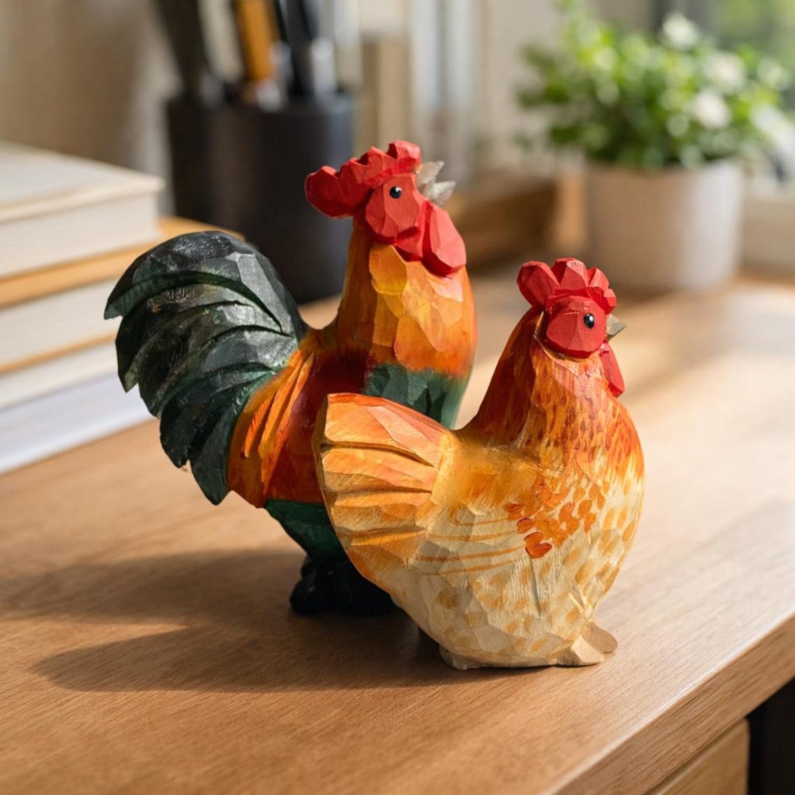 Wooden Chicken Figurines Desk Decor, Farm Animal Shelf Display