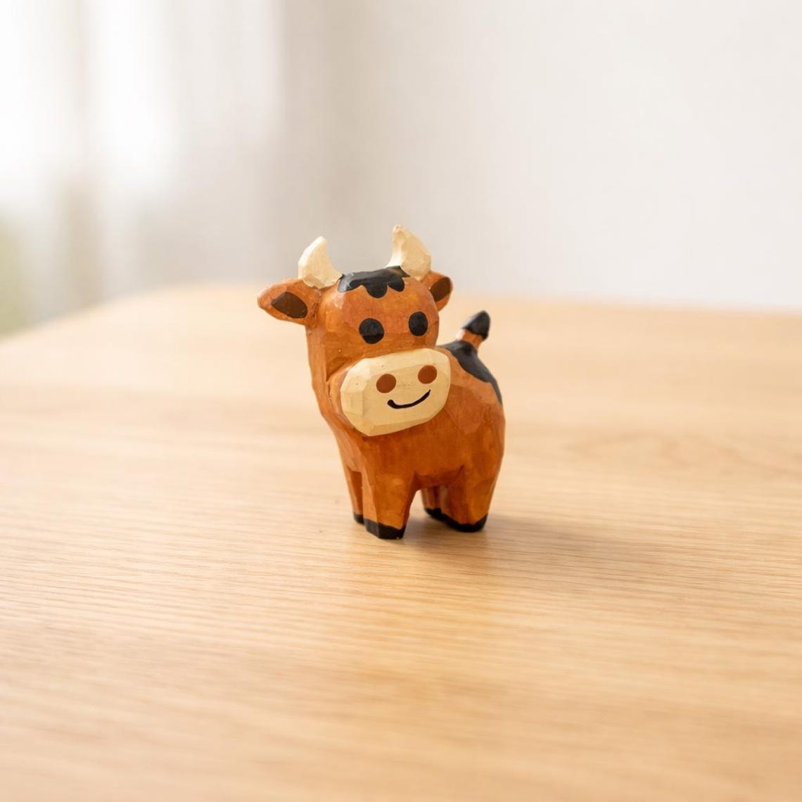 Wooden Cow Figurine for Desk Decor