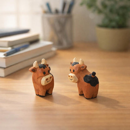 Wooden Cow Figurine for Desk Decor