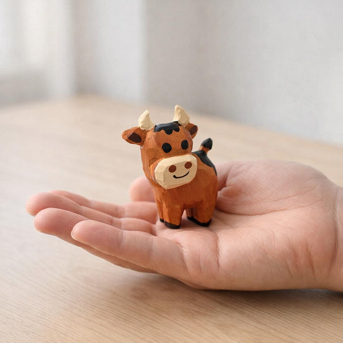 Wooden Cow Figurine for Desk Decor